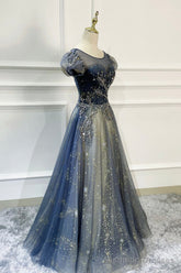 Blue Scoop Neckline Tulle Long Prom Dress, A-Line Evening Dress